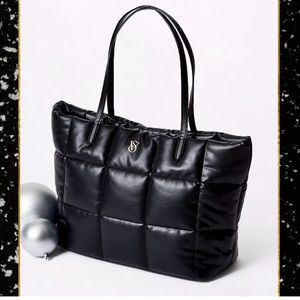 NWT Victoria’s Secret Faux Leather Quilted Puffer Tote Black W/ Gold Logo